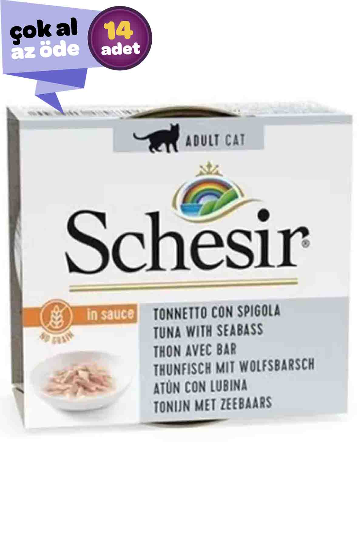 Schesir Tahılsız Ton Balığı ve Levrekli Yetişkin Kedi Konservesi 14x70gr (14lü)