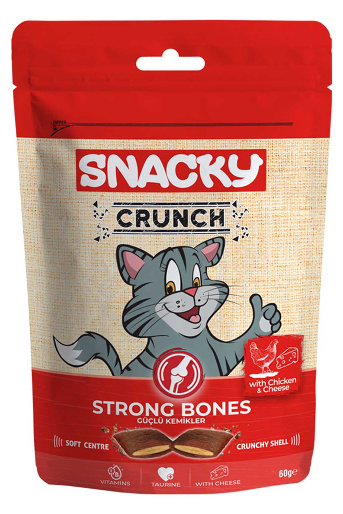 Snacky Crunch Strong Bones Güçlü Kemikler için Tavuk ve Peynirli Kedi Ödül Maması 60gr