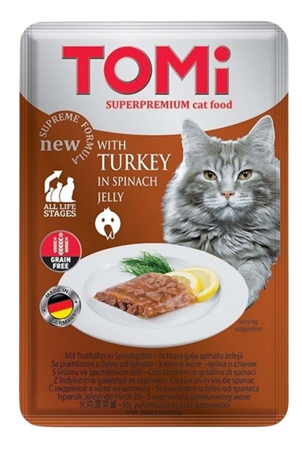 Tomi Hindi ve Ispanaklı Tahılsız Pouch Yetişkin Kedi Konservesi 100gr