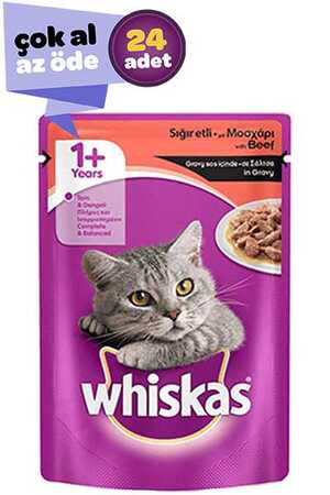 Whiskas Pouch Gravy Soslu Sığır Etli Yetişkin Kedi Konservesi 24x100gr (24lü)